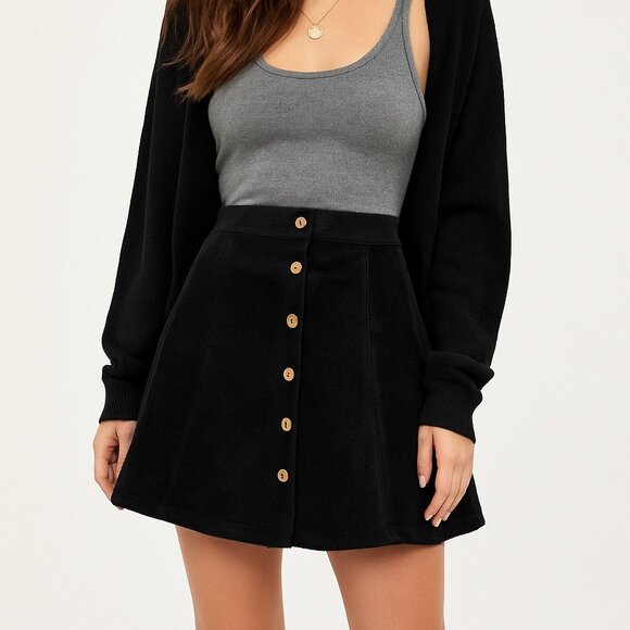 Corduroy Button Front Mini Skirt Black L Soft Flowy Stretch Grunge Fall 90s - Picture 2 of 13